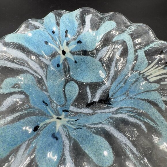 Sydenstricker Bowl Dish Fused Art Glass Ruffled Bowl Clear Blue Flowers Signed - Picture 7 of 15